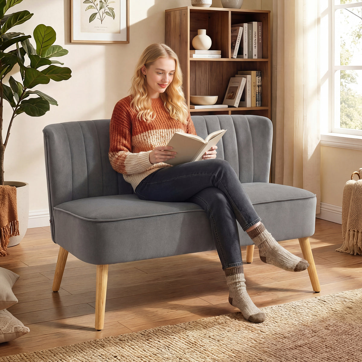 HOMCOM Sofa Retrodesign 2-Sitzer-Sofa, Holzbeine, 117 cm x 56,5 cm x 77 cm, Dunkelgrau – Produktabbildung 2