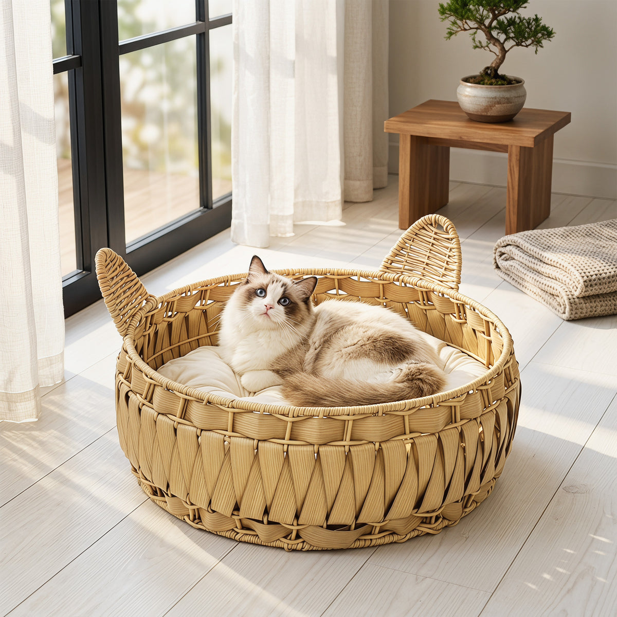 PawHut Katzenbett Rattan Katzenhöhle mit abnehmbares Kissen, Katzenkorb für Katzen bis 10 kg, 50 x 50 x – Produktabbildung 2