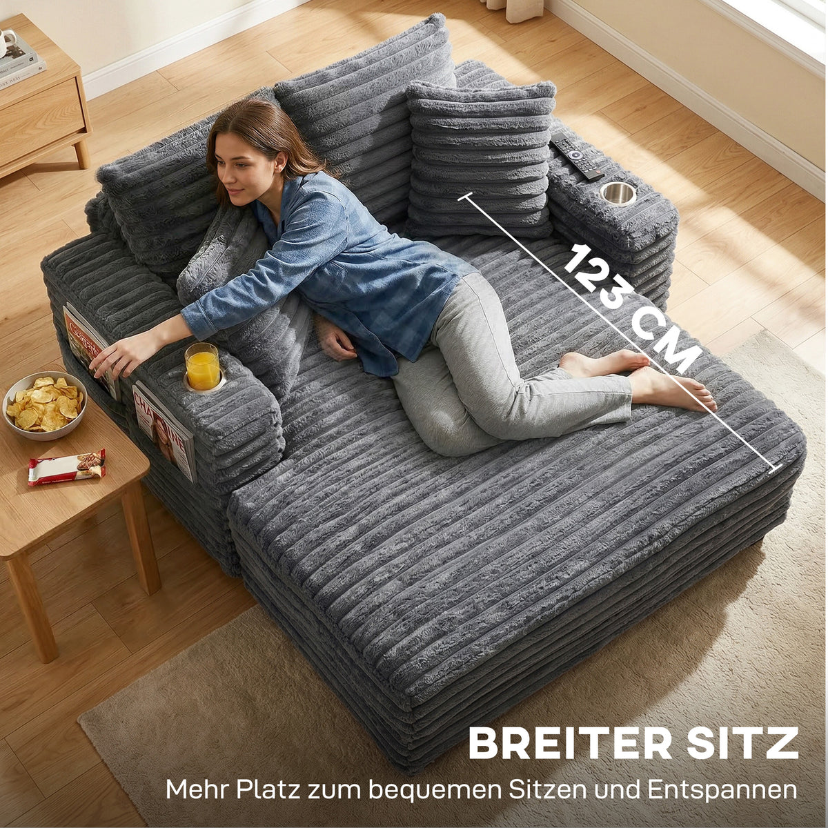 HOMCOM Chaiselongue 2 Sitzer Groß Schlafsofa 134 x 151 cm mit Becherhalter für Wohnzimmer, Grau – Produktabbildung 6