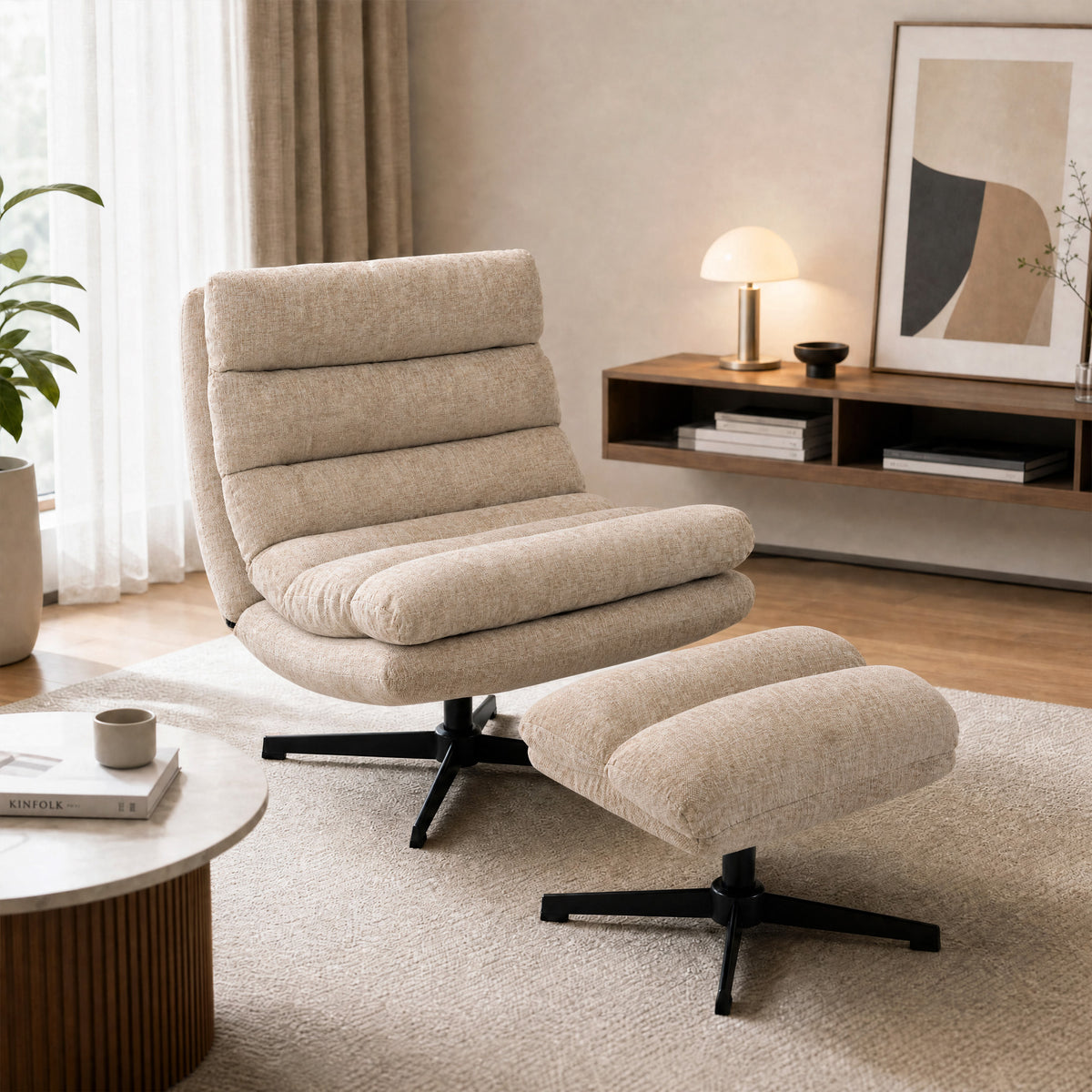 HOMCOM Loungesessel mit Fußhocker, drehbarer Chenille-Sessel mit höhenverstellbarem Fußhocker, dicker – Produktabbildung 2