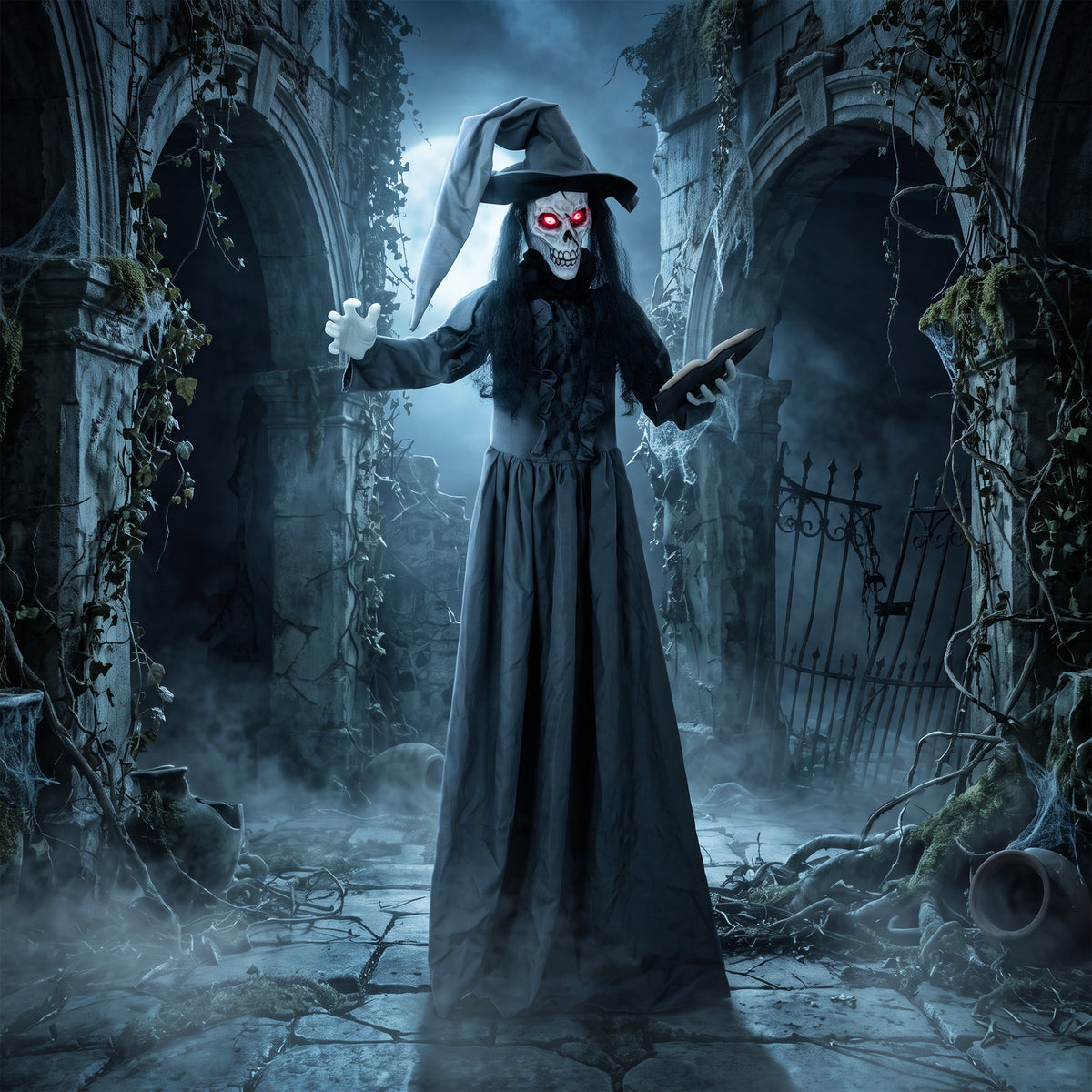 HOMCOM 180 cm Halloween Animierte Hexe Dekoration Lebensgroß mit leuchtenden Augen, Gruseliger Sound – Produktabbildung 2
