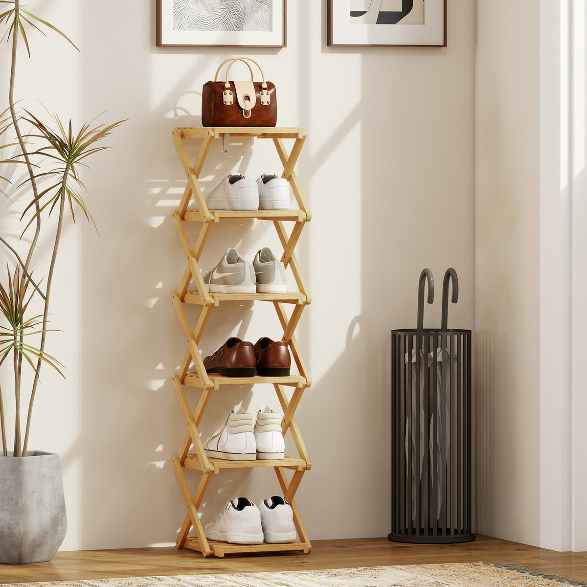 HOMCOM Schuhregal, klappbar Schuhständer mit 6 Ebenen aus Bambus, für max. 9 Paar Schuhe, 30 x 29 x 108 – Produktabbildung 2