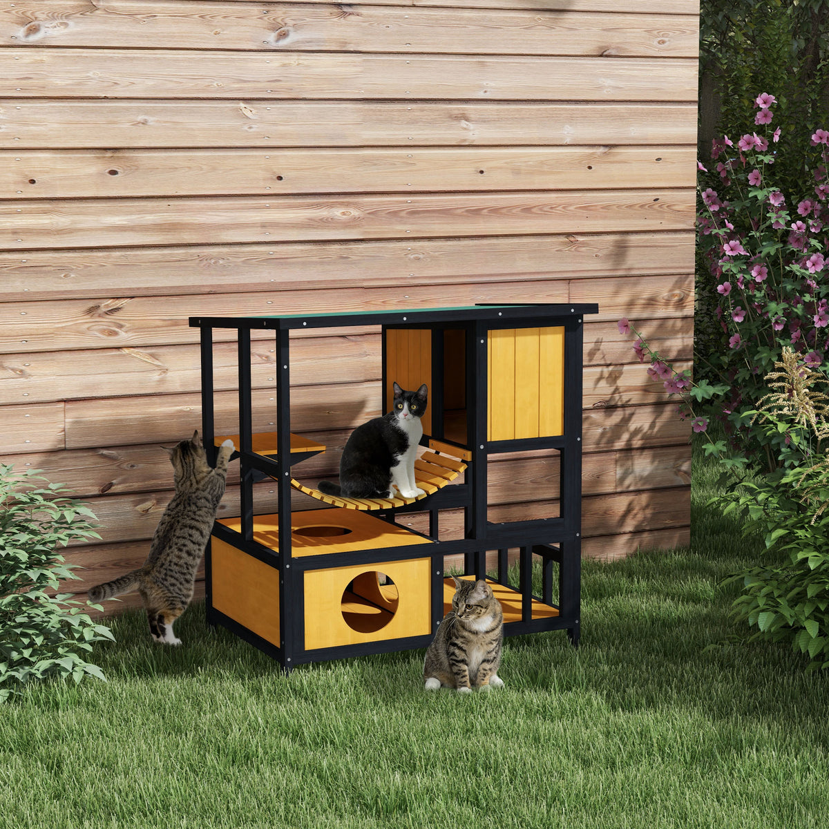 PawHut Katzenhaus Katzenhütte Katzenhöhle, wetterbeständig, 1 Rampe, 1 Plattform, 84,5 x 60 x 88 cm – Produktabbildung 2