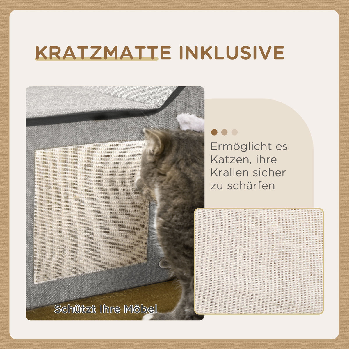 PawHut Katzenhaus mit Kratzfläche, inkl. Spielball, Katzenhöhle, 65 cm x 41 cm x 45.5H cm, Braun + Weiß – Produktabbildung 4