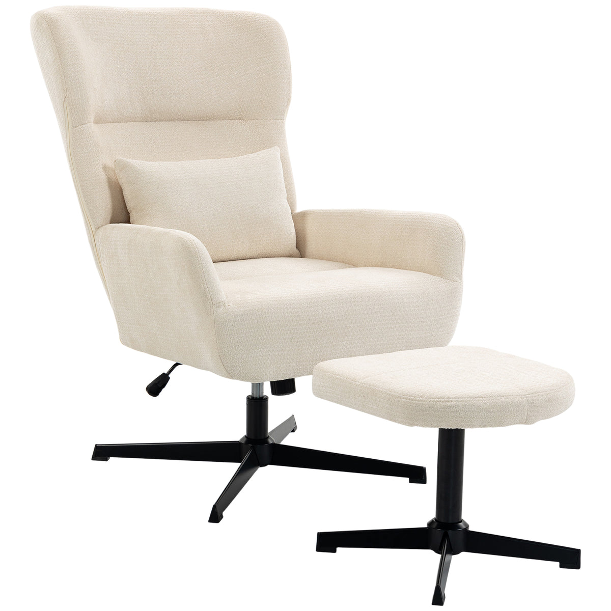 HOMCOM 360° drehbarer Loungesessel mit Hocker, höhenverstellbar, Chenille-Bezug, mit Lendenkissen, Cremeweiß
