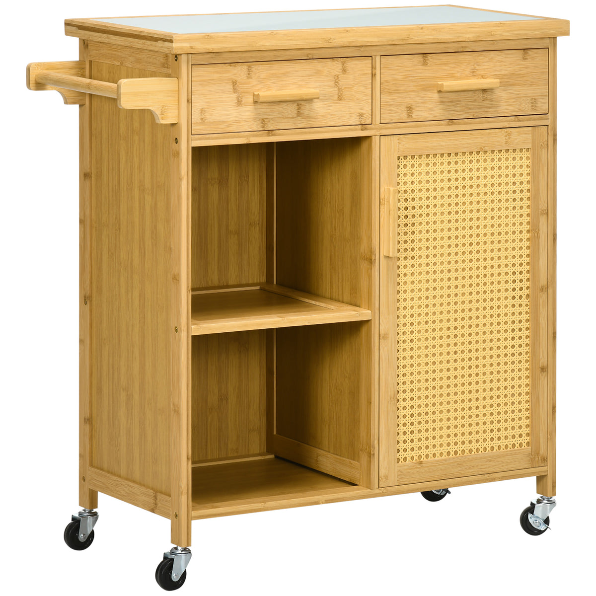 HOMCOM Küchenwagen aus Bambus, Mehrzweckwagen, Sevierwagen, 2 Schubladen, 1 Schrank, 2 Regale, Natur