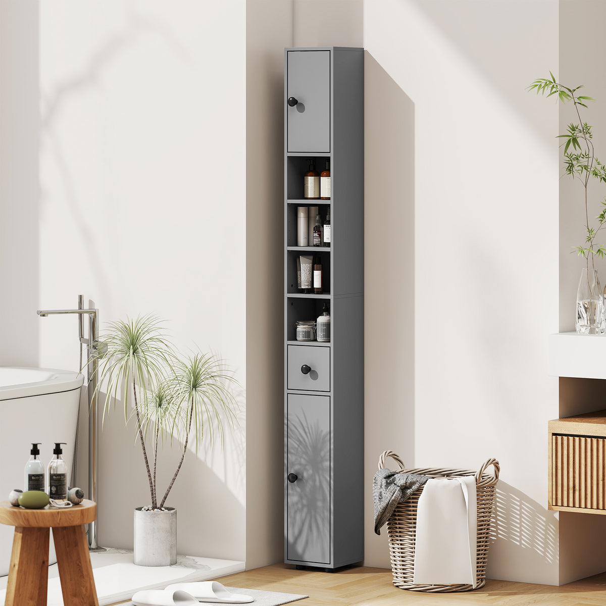 KleanKin Badezimmerschrank, 4 Regale, Schublade, Spanplatte, schlankes Design, Grau – Produktabbildung 2