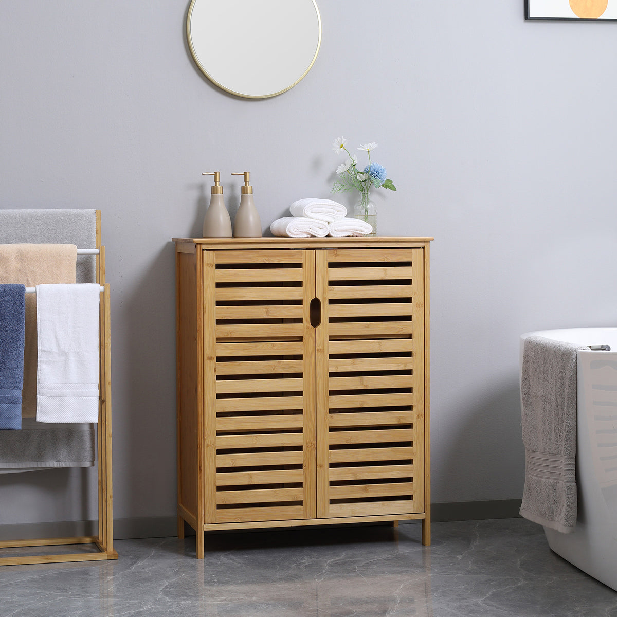 KleanKin Badezimmerschrank, Bambusschrank mit Lamellendesign für Badezimmer, Flur, kompakte Größe, viel – Produktabbildung 2