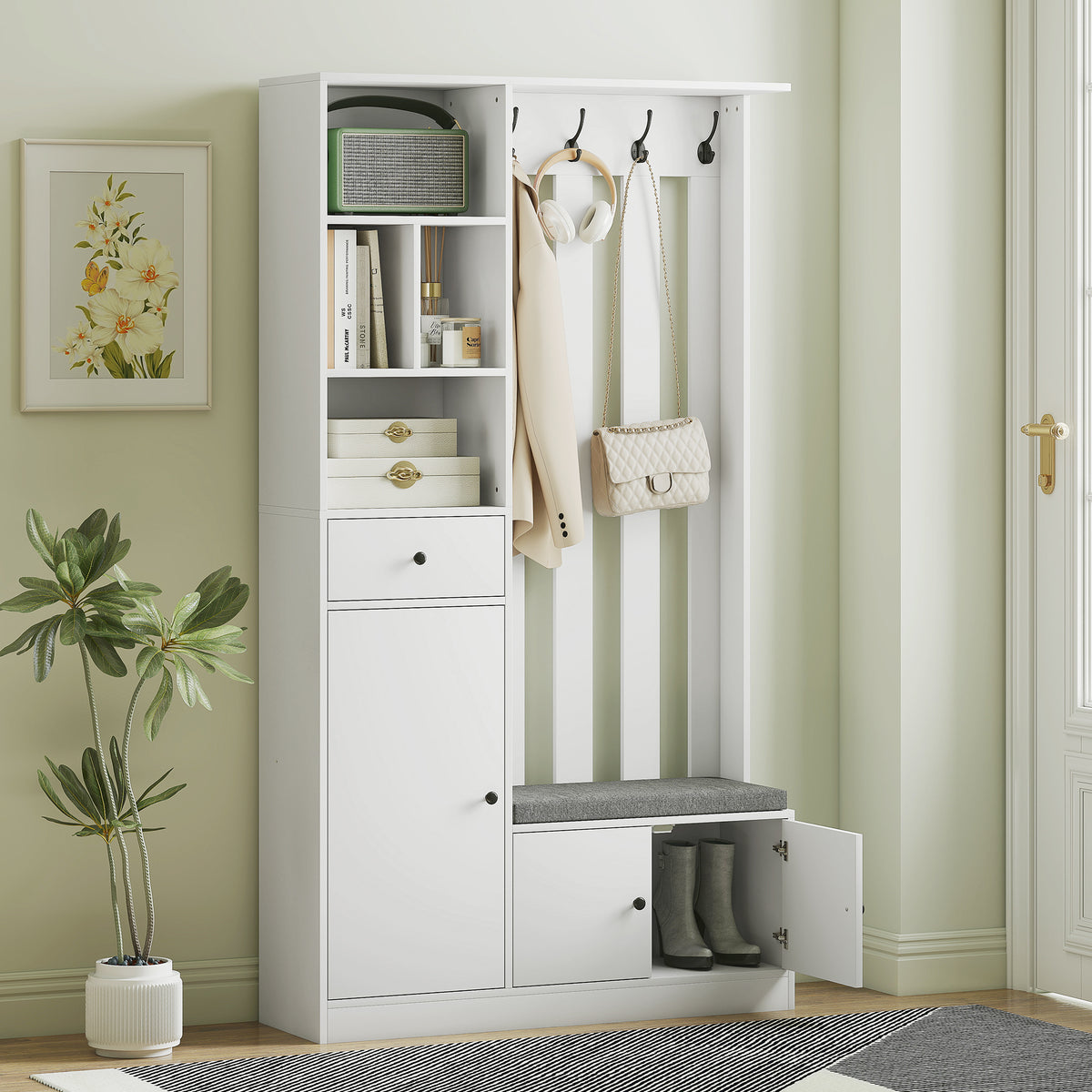 HOMCOM 180 cm Garderobenschrank mit Kleiderständer, Schuhbank, 4 Haken, offene Ablageflächen, MDF, Weiß – Produktabbildung 2