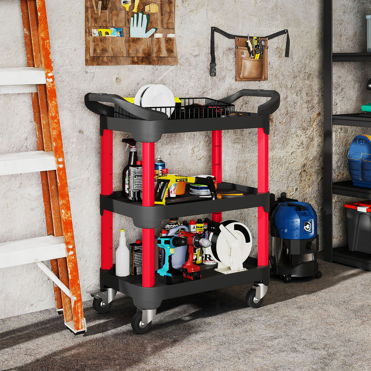 HOMCOM Werkzeugwagen mit 3 Ebenen, seitliche Griffe, Räder, Kunststoff, Schwarz – Produktabbildung 2