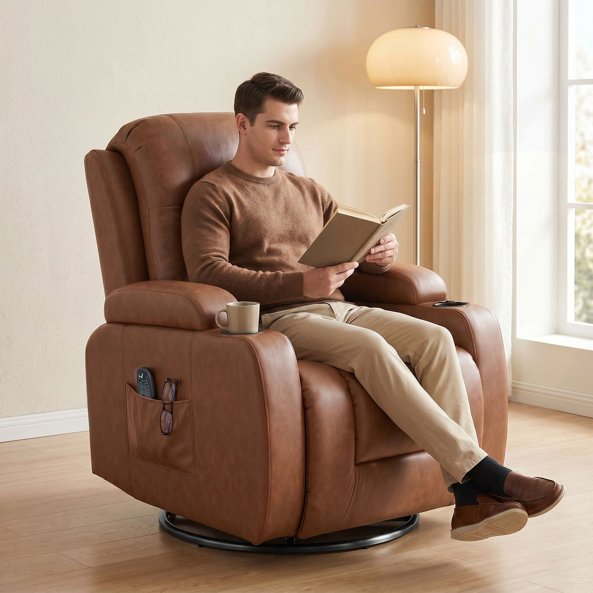 HOMCOM Massagesessel mit Wärmefunktion, drehbarer Schaukelsessel mit Fußstütze, Hellbraun – Produktabbildung 2