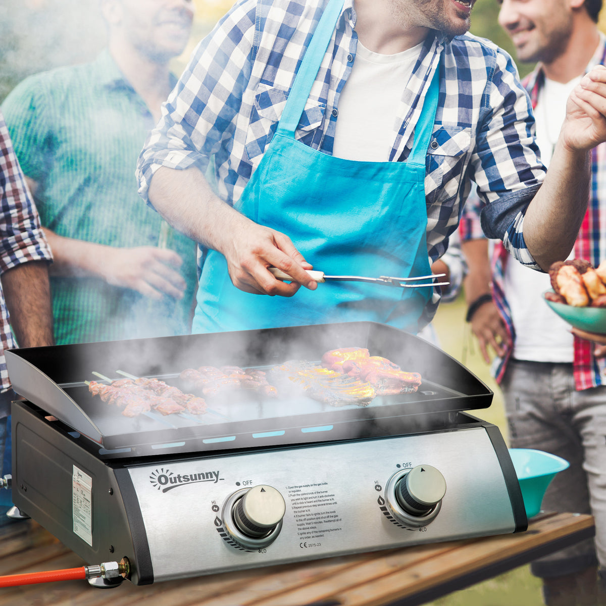 Outsunny Gasgrill mit 2 Brennern, Schlauch, Antihaft-Grillplatte, Edelstahl, Farbe: Silber, 48,5 x 48 x – Produktabbildung 2