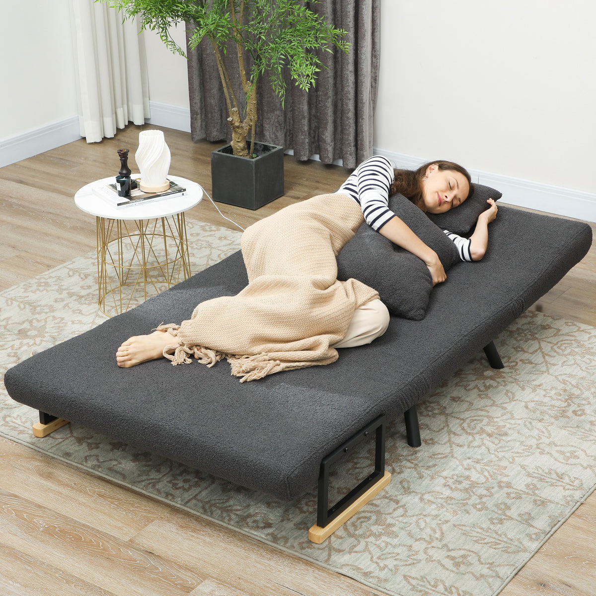 HOMCOM Schlafsofa 2er-Sofa mit Schlaffunktion, inkl. 2 Kissen, Sherpa-Optik, Natur + Dunkelgrau + – Produktabbildung 8