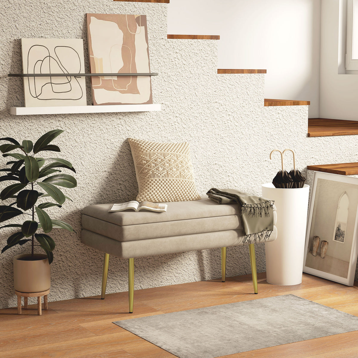 HOMCOM Sitzbank Polsterbank, mit Stauraum, Stahl, 79,5 cm x 37,5 cm x 43 cm, Beige – Produktabbildung 2