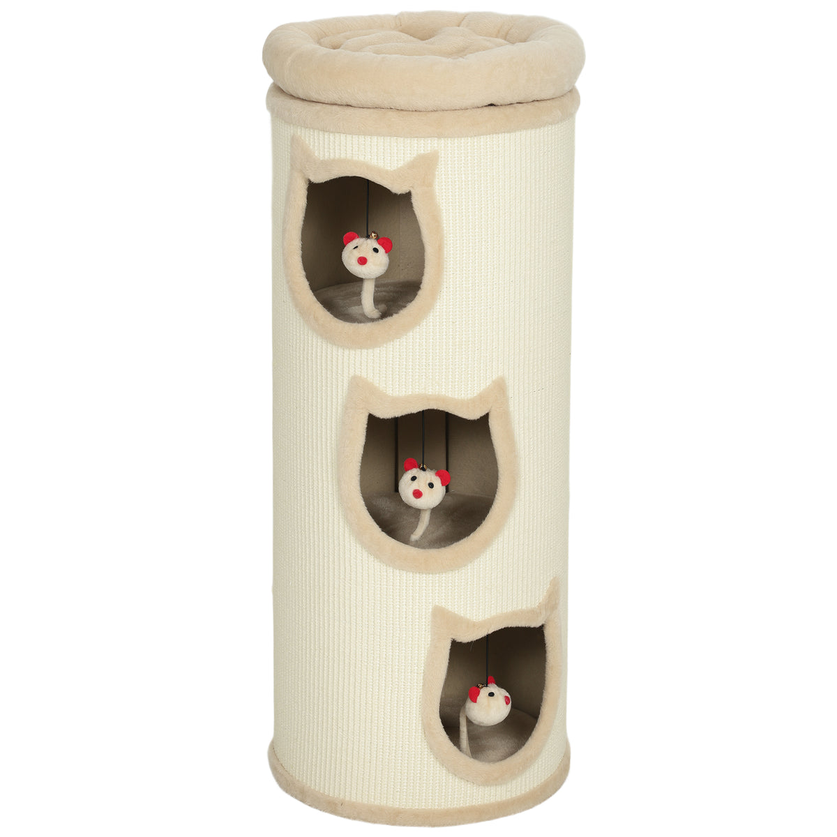 PawHut Katzenkratzfass, 96 cm, 4-Ebenen-Katzenturm mit waschbarem Bett, 3 Schlafhöhlen, Hängespielzeug, für