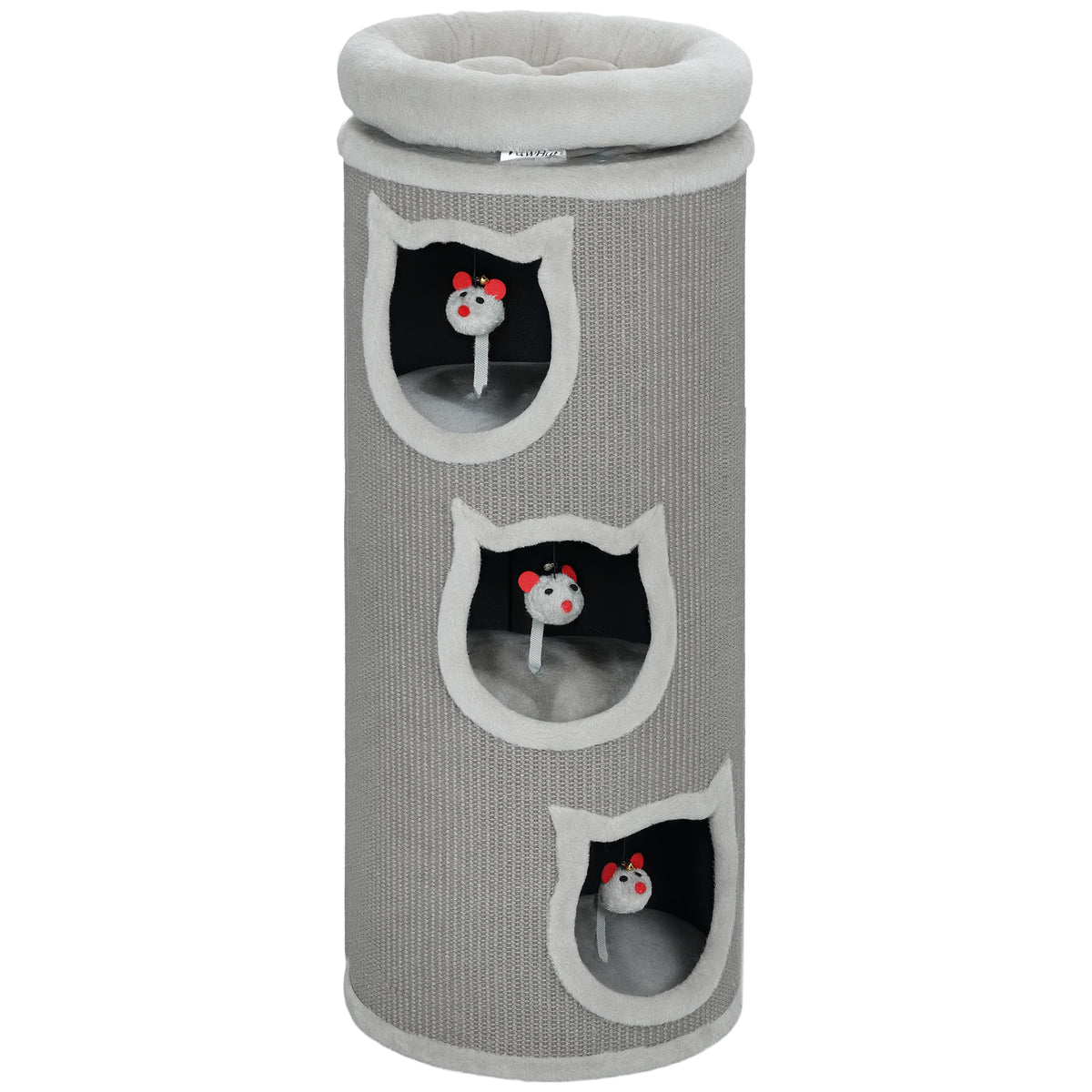 PawHut Katzenkratzfass, 96 cm, 4-Ebenen-Katzenturm mit waschbarem Bett, 3 Schlafhöhlen, Hängespielzeug, für