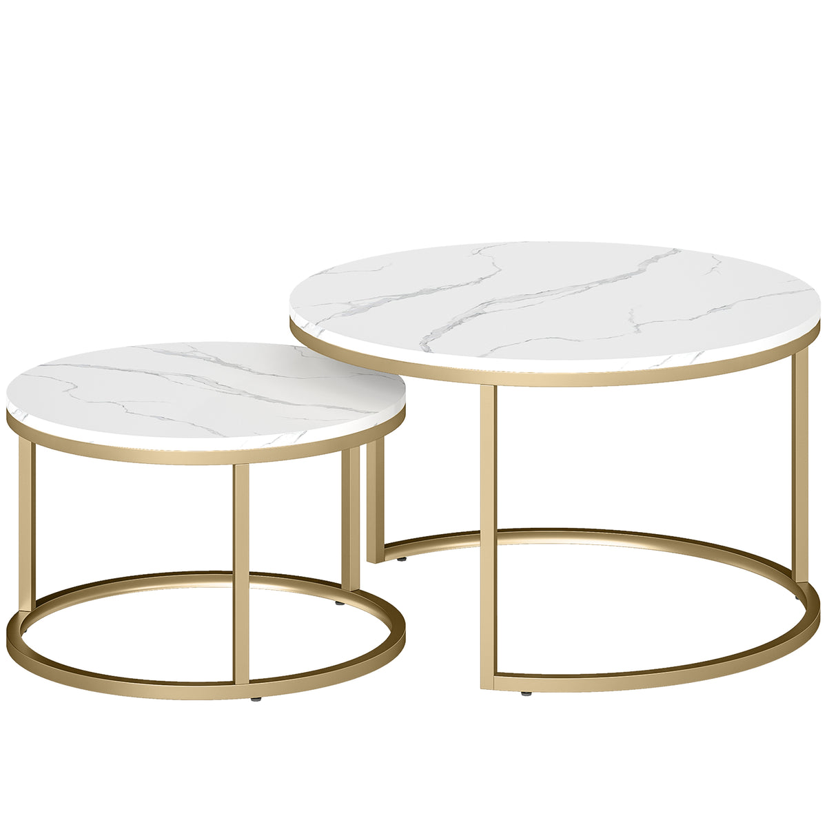 HOMCOM 2er-Set runde Couchtische, stapelbare Beistelltische mit Metallrahmen, Wohnzimmertisch in Marmoroptik