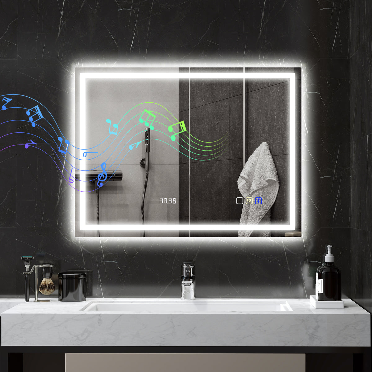 HOMCOM Badezimmerspiegel mit LED-Beleuchtung, Anti-Beschlags-Pad, 3 verstellbare Farben, Uhr, 600 x 800 – Produktabbildung 2