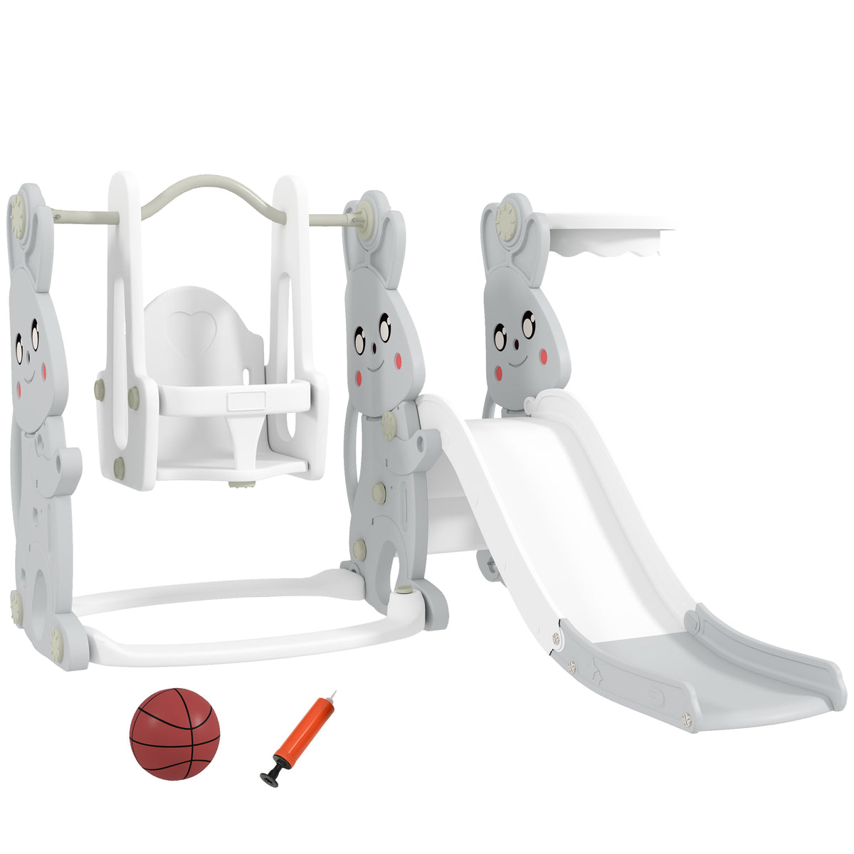 4-in-1 Spielset für Kleinkinder, Rutsche, Schaukel, Klettergerüst, Basketballkorb, Kunststoff, Hasendesign
