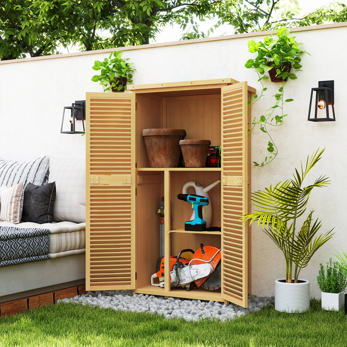 Outsunny Gartenkommode wetterfest, 2 Türen mit Schloss, Kiefernholz, 87L x 46,5B x 160H cm, Hellgelb – Produktabbildung 2