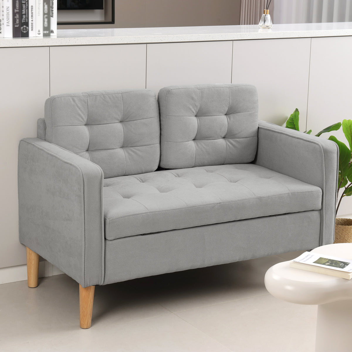 HOMCOM Zweisitzer-Sofa mit Stauraum, Knopfheftung, Kissen, Kautschukbaumholz, 117x62x78cm, Hellgrau – Produktabbildung 2