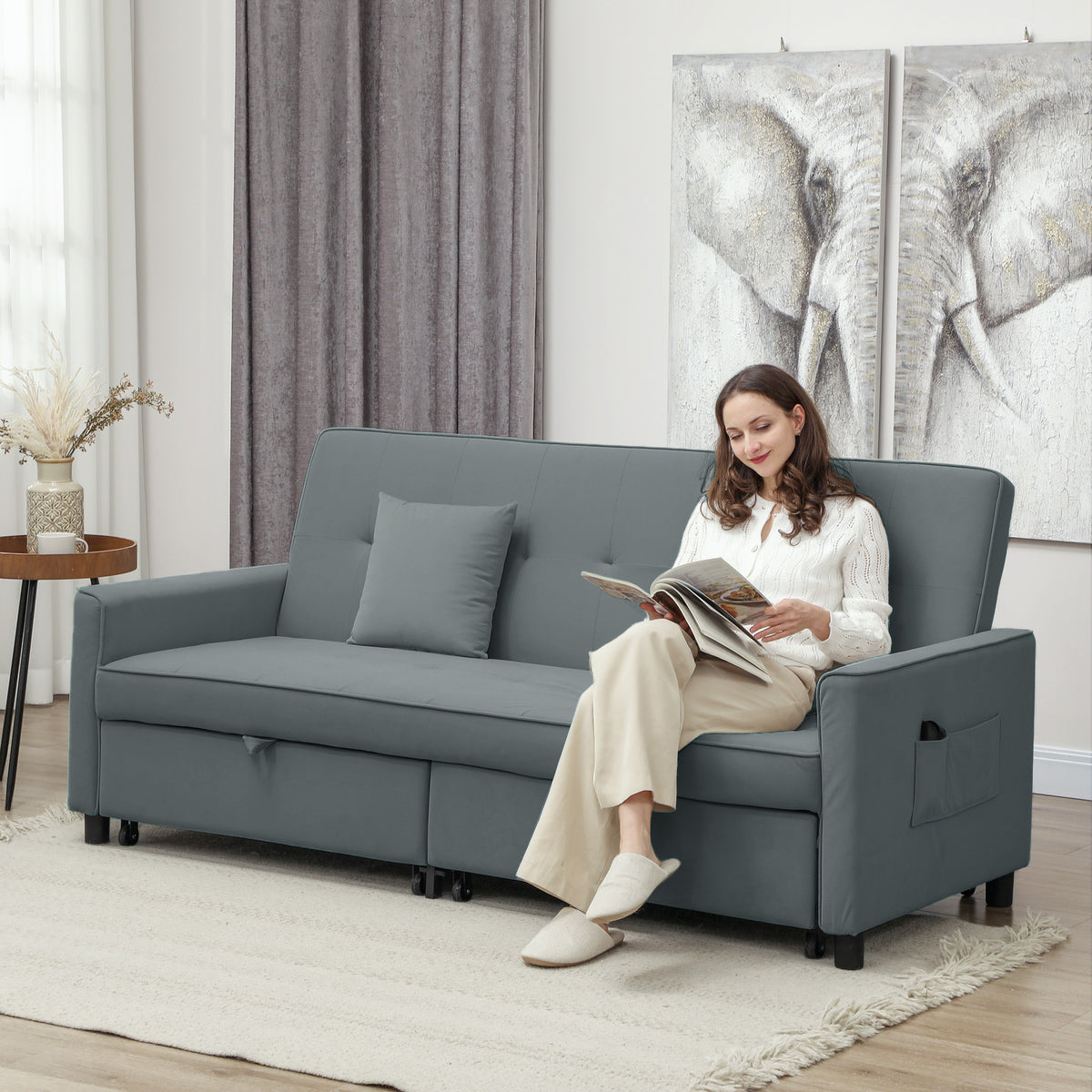 HOMCOM Sofabett, verstellbare 3-Sitzer-Couch mit Bettfunktion, Schlafsofa mit ausziehbarem Bett, Kissen – Produktabbildung 2