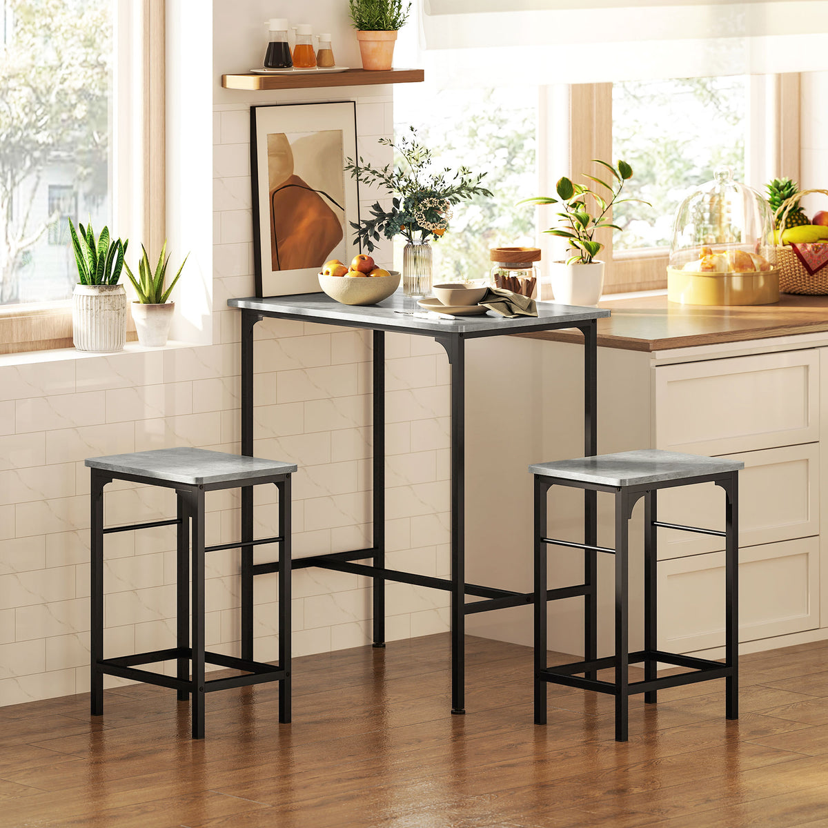 HOMCOM Bartisch Set Bartisch mit Barhocker-Set Esstisch mit 2 Stühlen mit Rutschfestem Fußpolster Grau – Produktabbildung 2