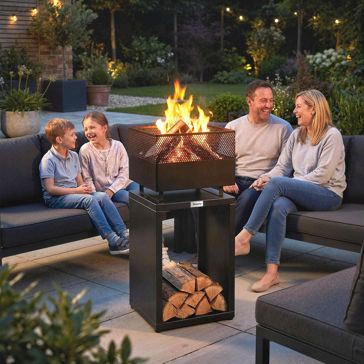 Outsunny Feuerschale 39 x 39 x 87 cm Feuerstelle mit Holzlager Kohlegitter verstellbaren Füßen, Schwarz – Produktabbildung 2