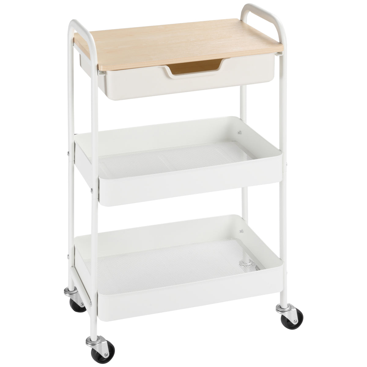 HOMCOM Rollbarer Küchenwagen, 2 Regale, Schublade, Ablage, 4 Rollen, Griffe, Stahl, Weiß