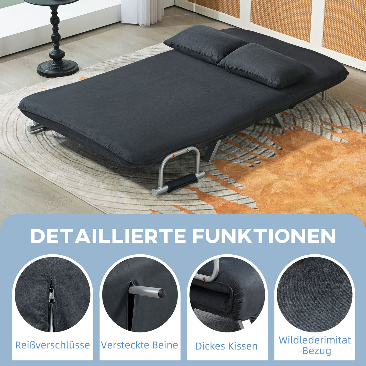 HOMCOM Schlafsofa, 5-fach verstellbar, Wildlederimitat, Stahlrahmen, inkl. Kissen, Schwarz – Produktabbildung 6