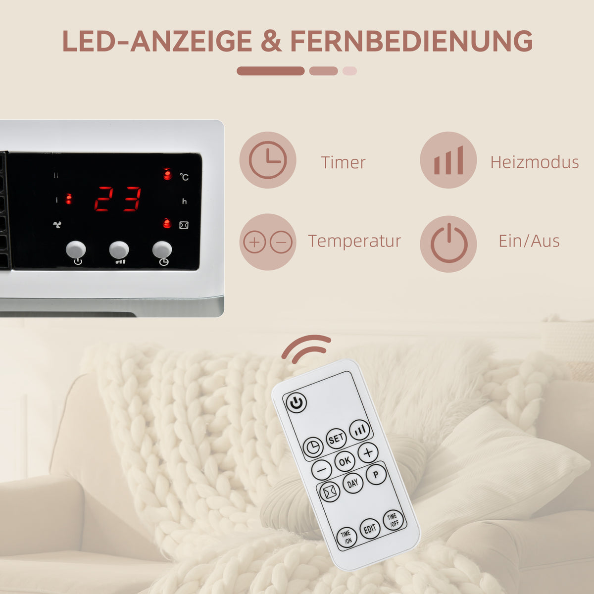 HOMCOM Heizlüfter zur Wandmontage 2000W mit Fernbedienung 2 Heizmodus LED-Display 12h Timer für – Produktabbildung 5