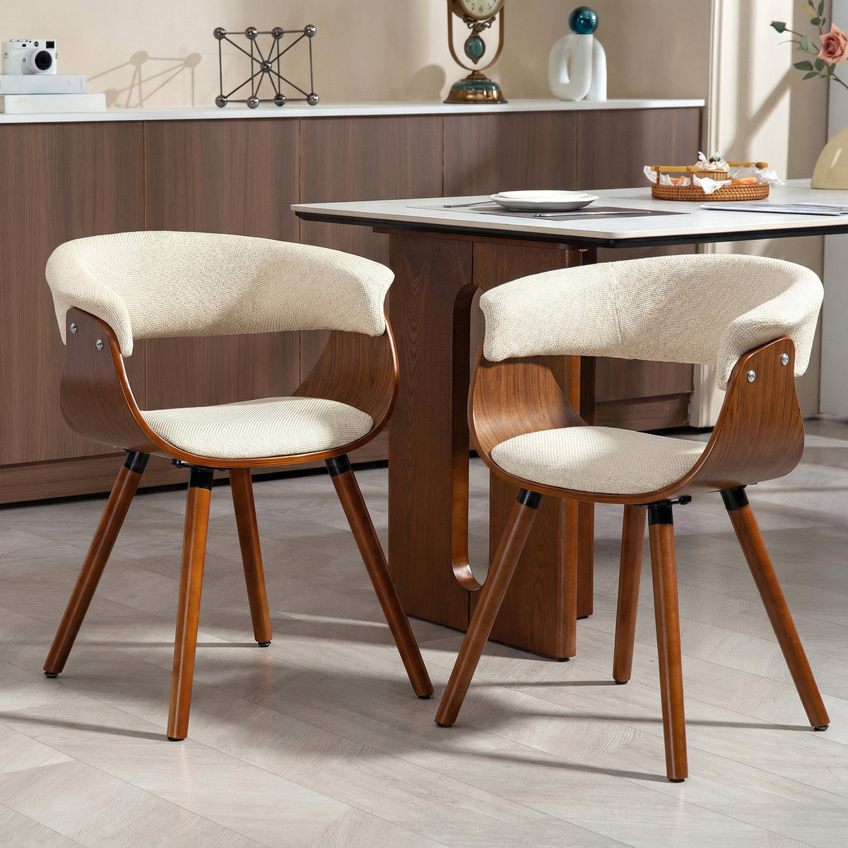 HOMCOM Esszimmerstuhl, Stoff in Leinenoptik, gebogene Rückenlehne, Holzbeine, Beige – Produktabbildung 2