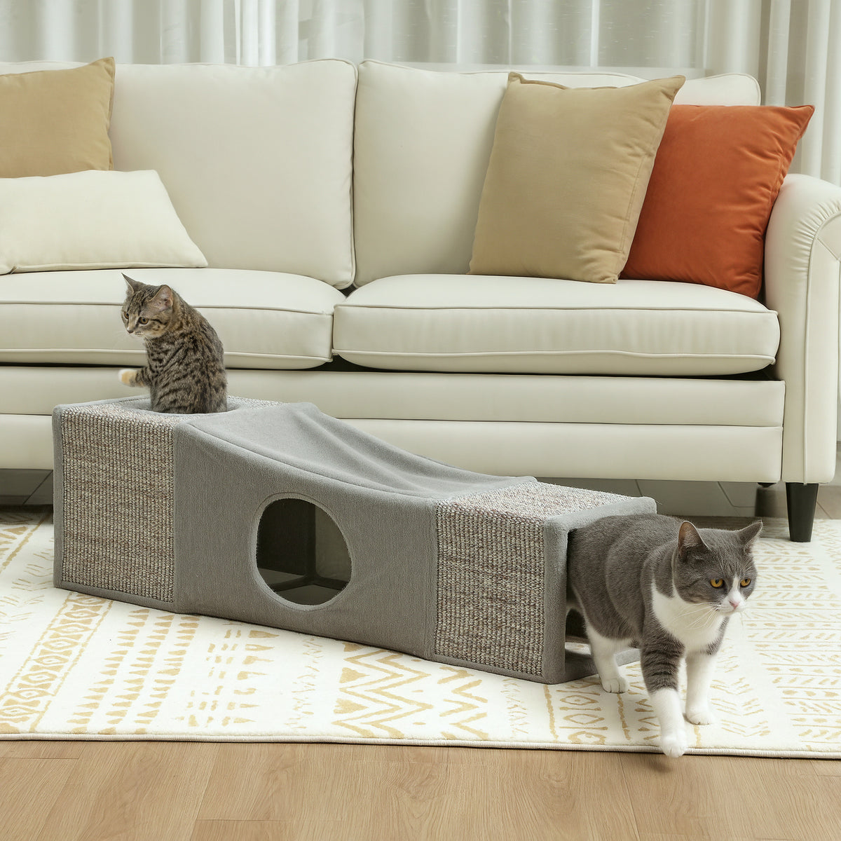 PawHut Katzentunnel, 2 Katzenhöhlen, Kratzflächen und Ballspielzeug, 98 cm x 30 cm x 30 cm, Braun + – Produktabbildung 12