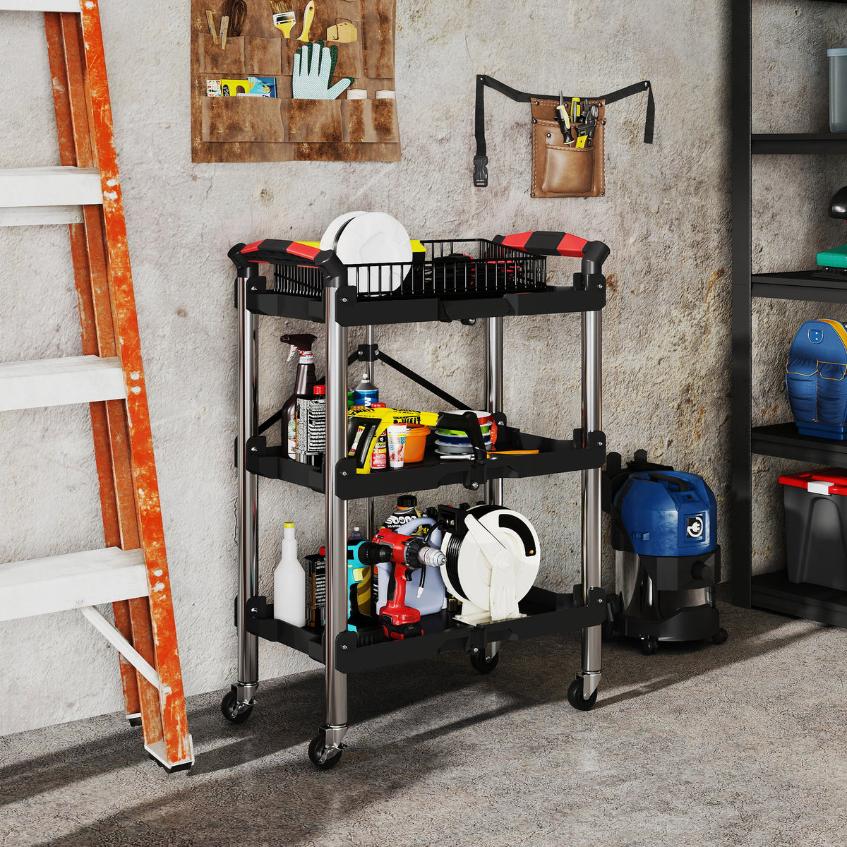 HOMCOM Werkzeug-Trolley, klappbarer 3-stufiger Werkzeugwagen, Kunststoff, Stahl, Schwarz – Produktabbildung 2