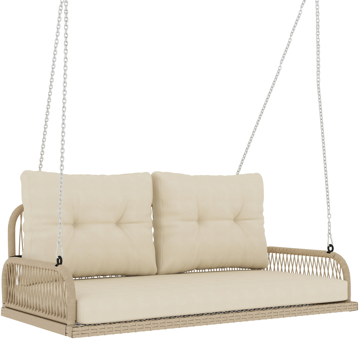 Outsunny Hollywoodschaukel 2-Sitzer Rattan Gartenschaukel mit Kissen Ketten bis 240 kg 115 x 66 x 44 cm Beige