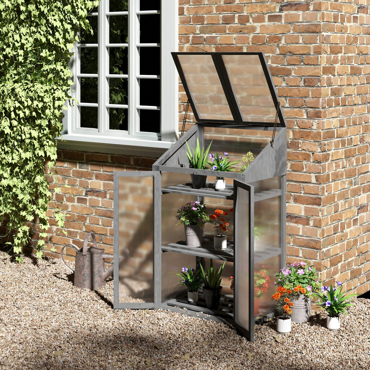 Outsunny Mini-Gewächshaus, kleines Treibhaus mit Holzrahmen, Fenster und Doppeltür, 3 Regale, 70L x 50B – Produktabbildung 2