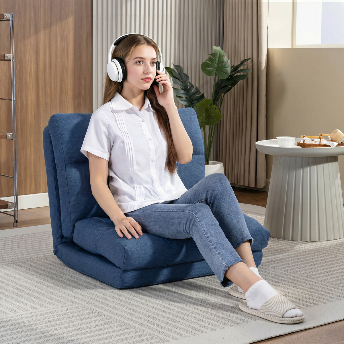 HOMCOM Sitzsack mit Bettfunktion, neigbare Lehne, klappbar, bis 120kg, 70 x 72 x 56 cm, Dunkelblau – Produktabbildung 2