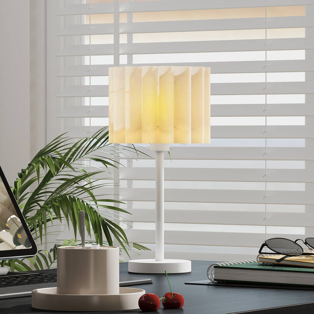 HOMCOM Tischlampe im Retro-Stil, Nachttischlampe, Kunststoff-Schirm, Knopfschalter, Weiß – Produktabbildung 2