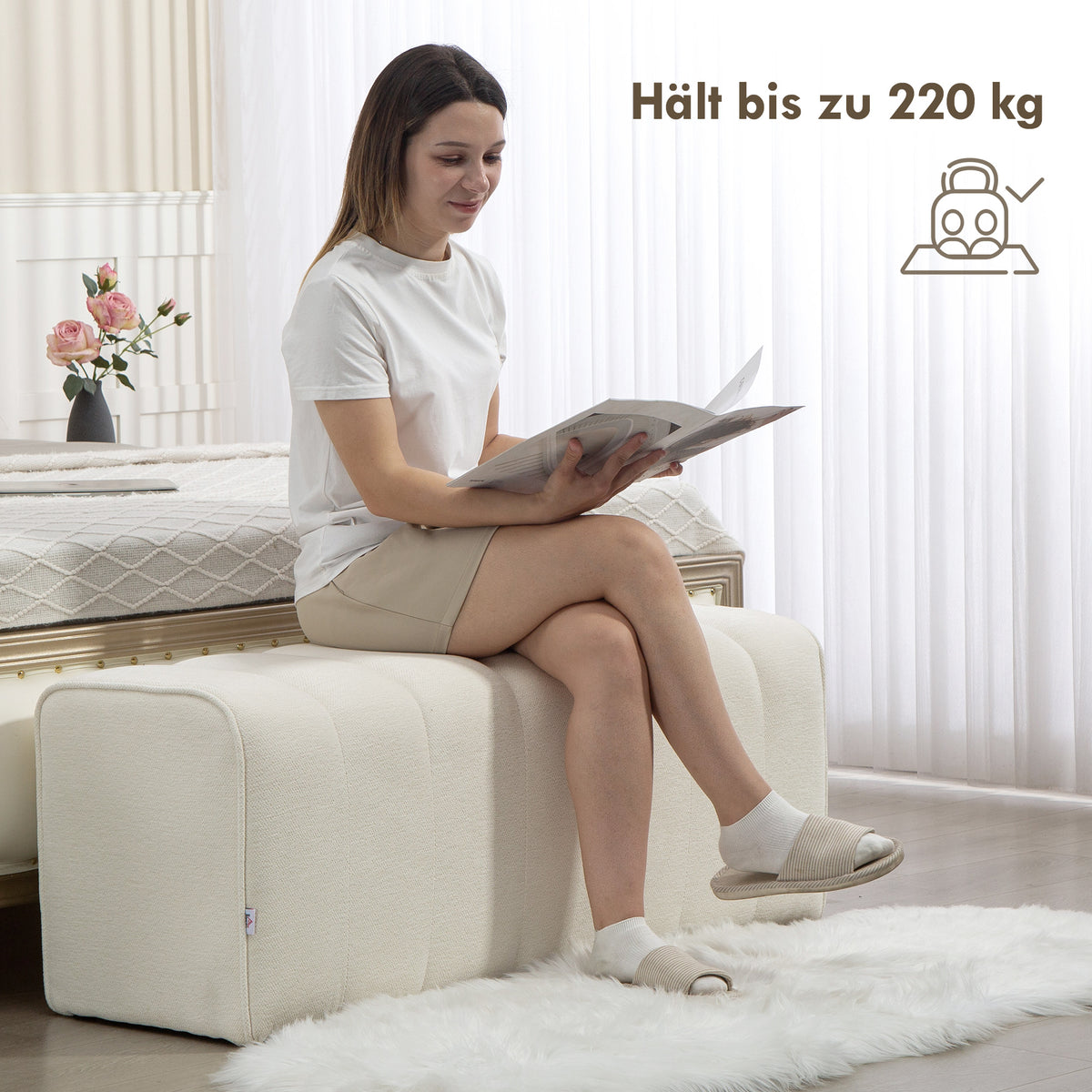 HOMCOM Moderne Schlafzimmerbank, Polsterbank mit Holzrahmen, bis zu 220 kg belastbar, Fußstütze – Produktabbildung 6