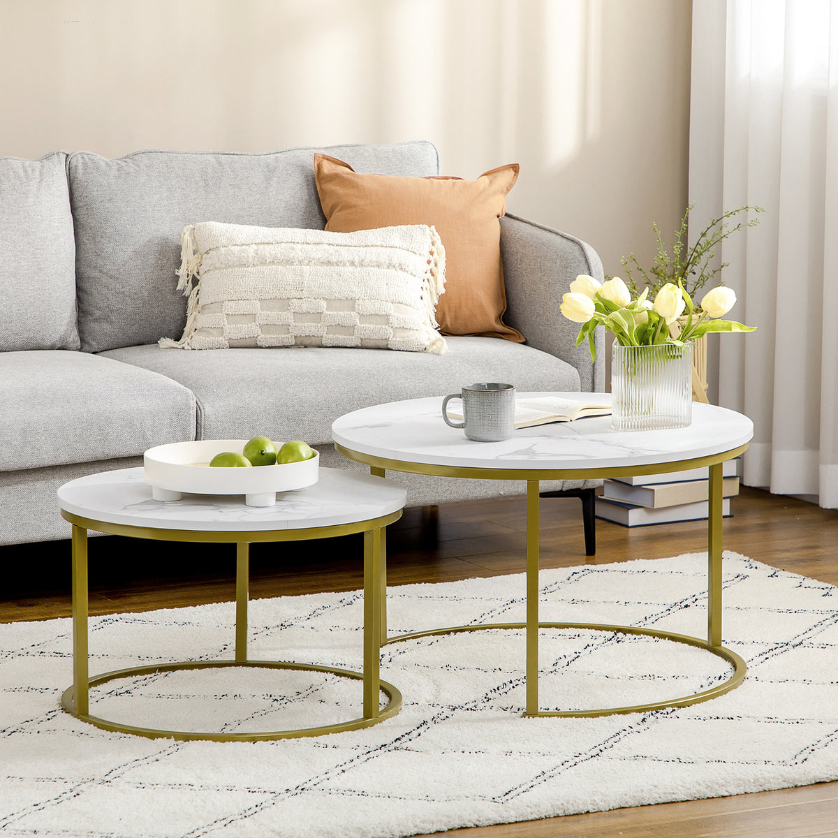 HOMCOM Beistelltisch-Set, 2 Satztische, Ø74 & Ø59 cm, Marmoroptik, Rahmen in Gold – Produktabbildung 2
