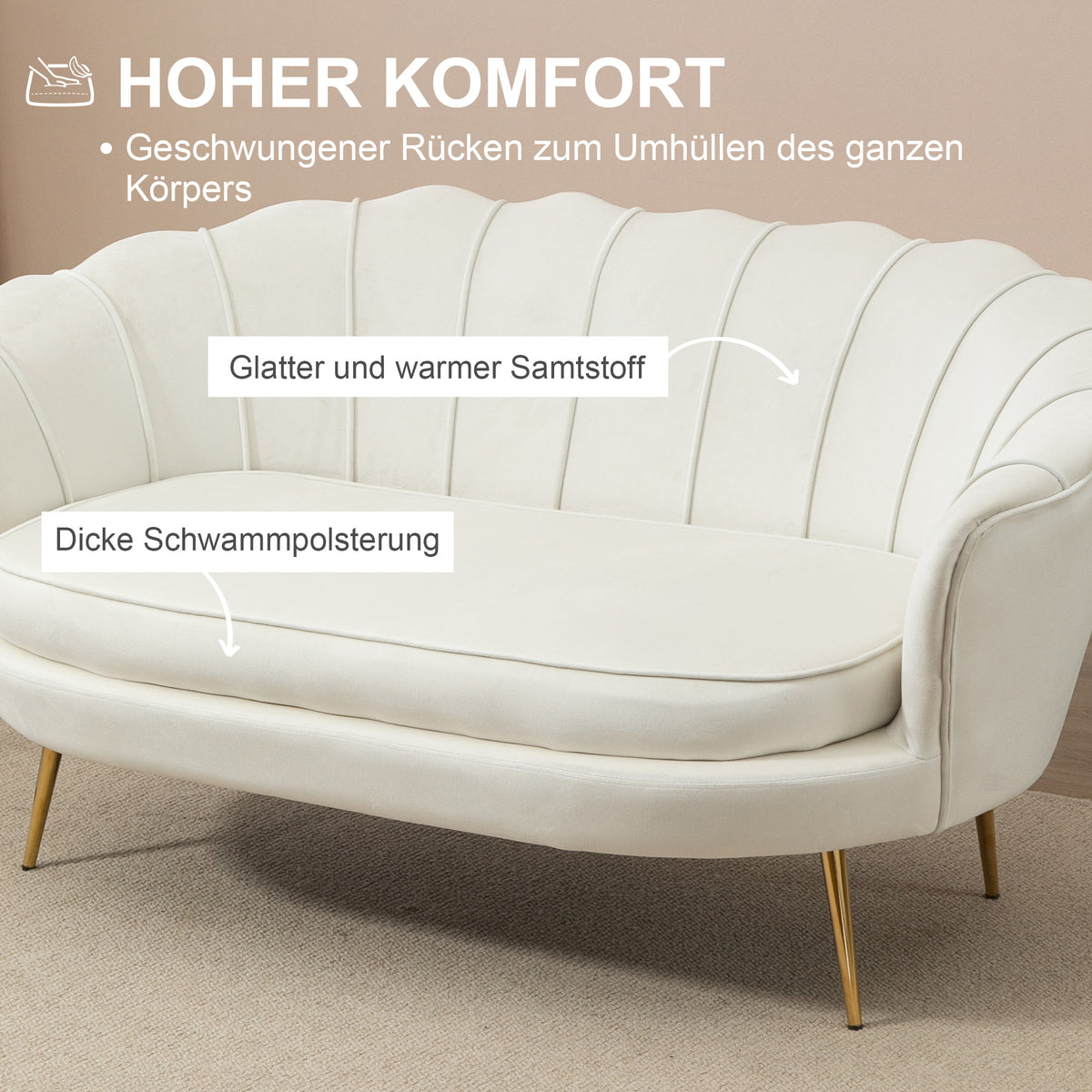 HOMCOM Vintage 2-Sitzer Sofa, Couch, Polstermöbel, Samtoptik, bis 150 kg, Creme/Gold – Produktabbildung 5