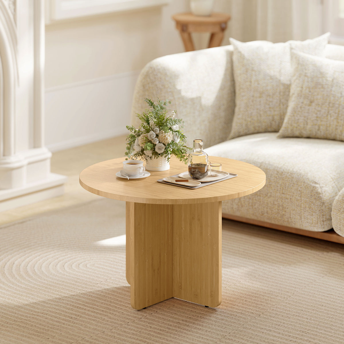 HOMCOM Runder Couchtisch, Bambus-Wohnzimmertisch mit Kreuzfuß, Natur – Produktabbildung 2