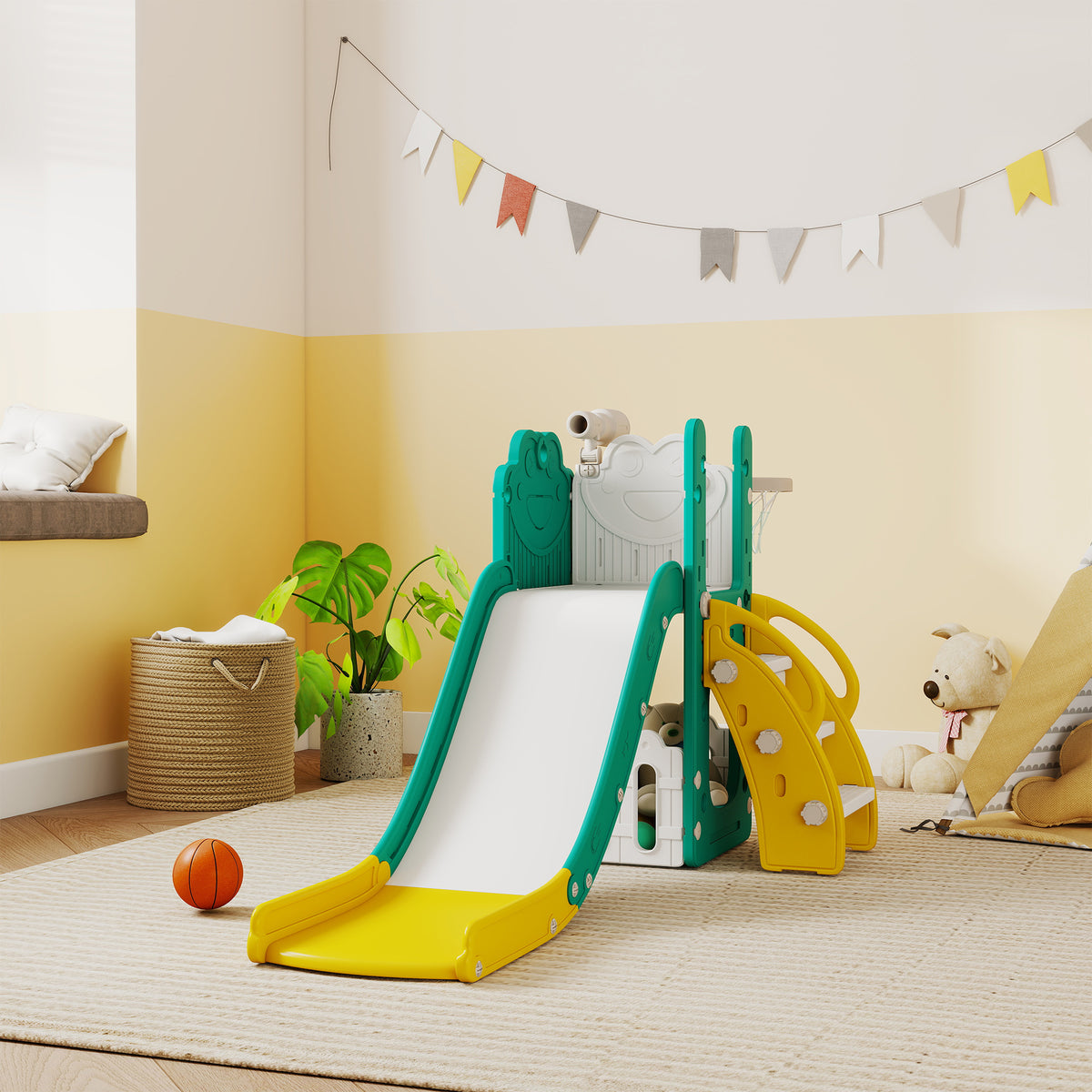 5-in-1 Kinderrutschenset, Teleskop, Basketballkorb, Kunststoff, Gelb+Grün – Produktabbildung 2