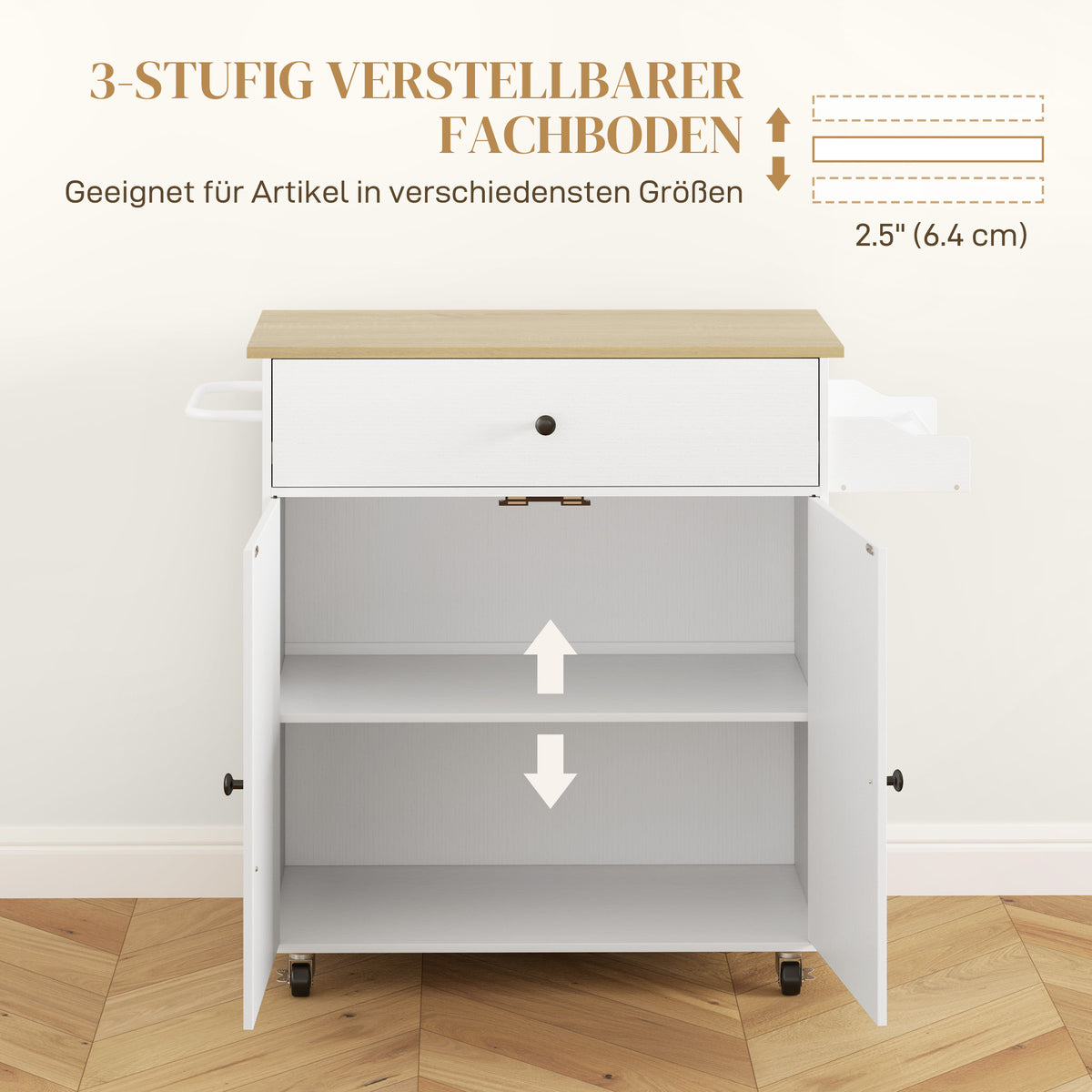 HOMCOM Küchenwagen mit Schublade, Schrankfach, Handtuchstange, 106 x 42 x 87 cm, Weiß/Eiche – Produktabbildung 6
