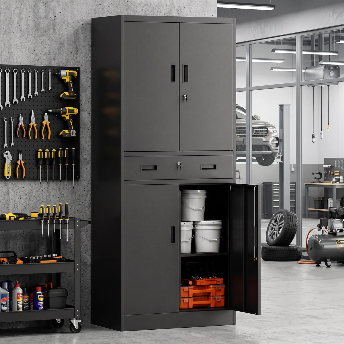 HOMCOM Metallschrank 180 cm, Werkzeugschrank mit abschließbaren Türen, Schublade und verstellbaren Böden – Produktabbildung 2