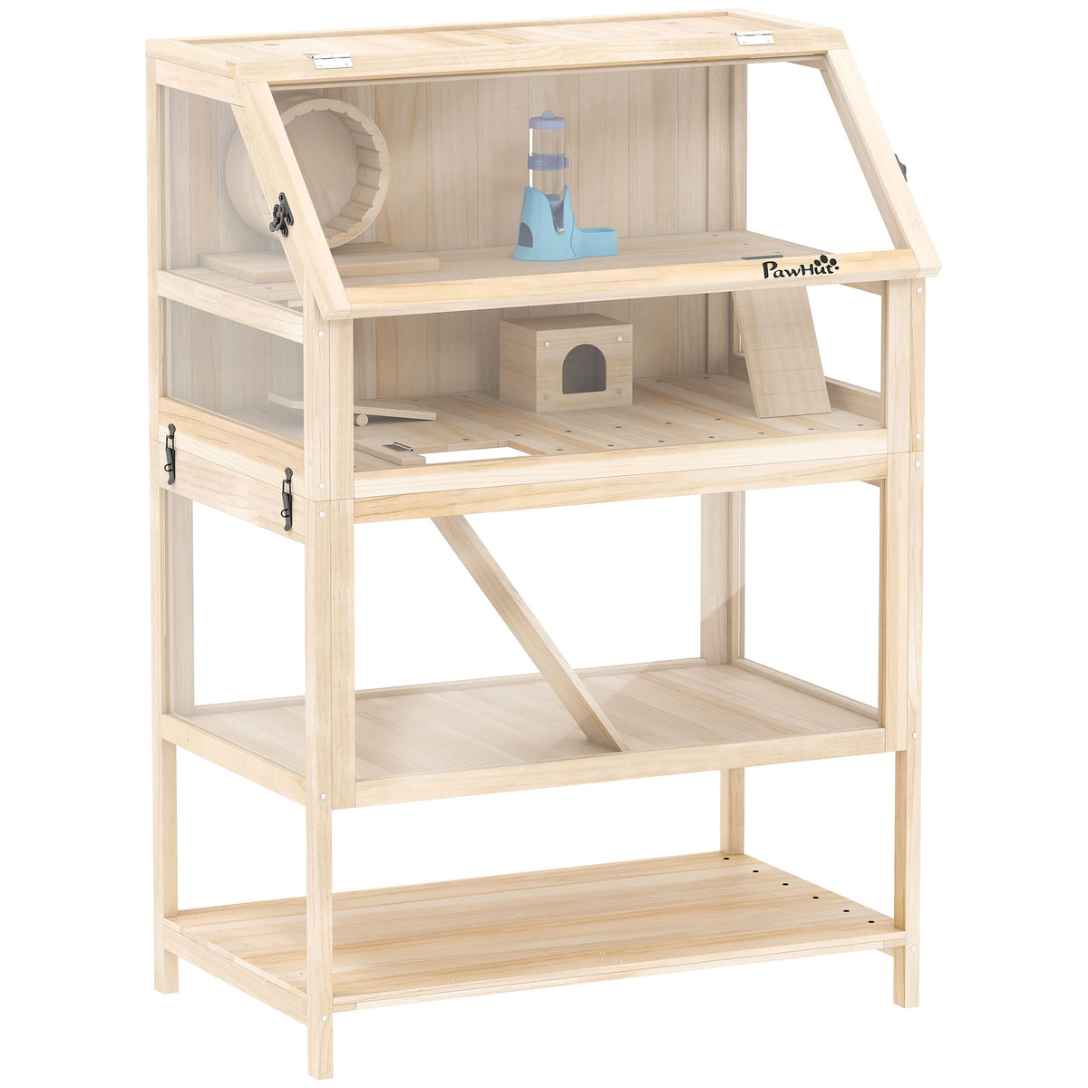 PawHut Hamsterkäfig aus Holz 3 Etagen Nagerkäfig mit abnehmbar Boden Ablage Laufrad Wippe Rampe Hütte