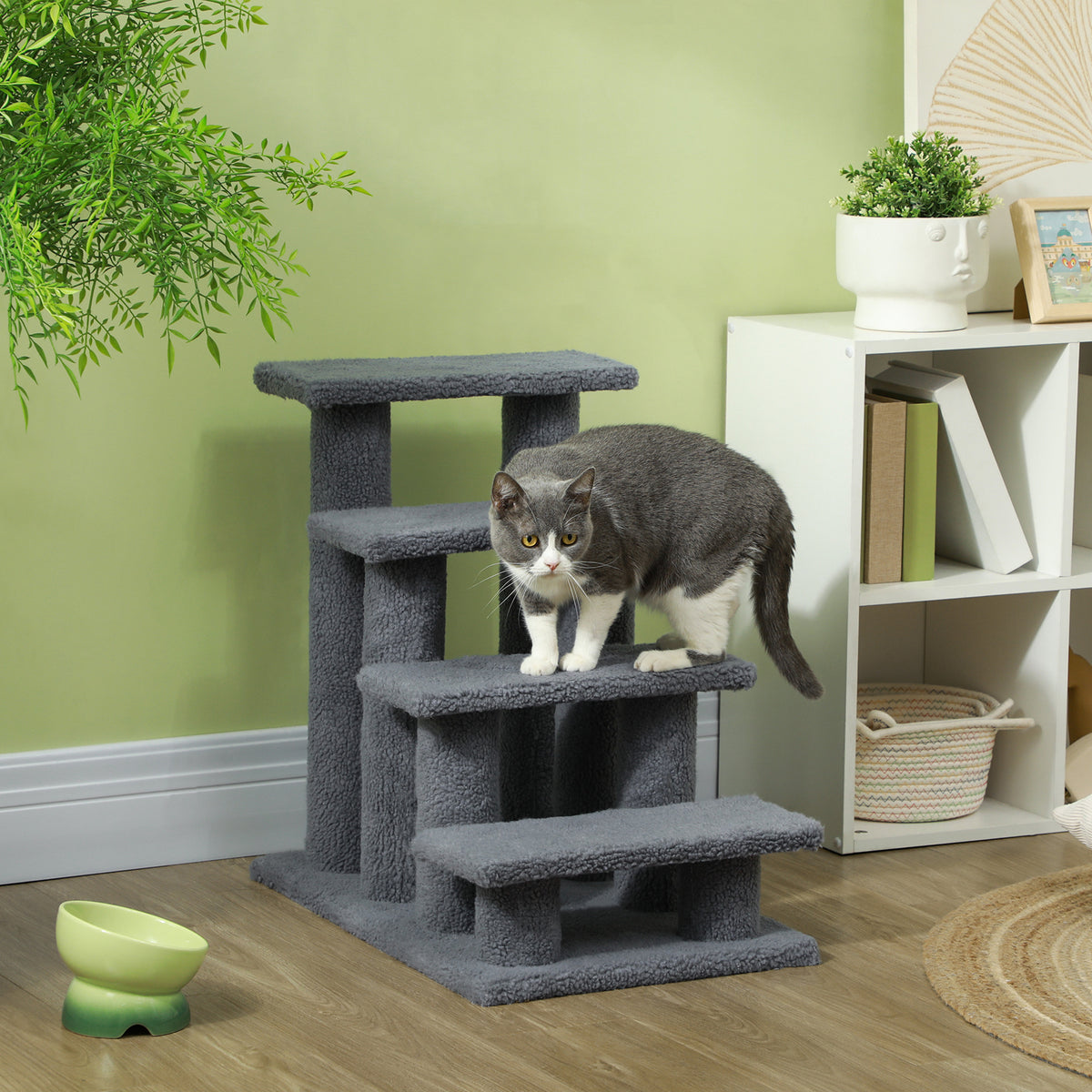 PawHut Tiertreppe Katzentreppe Hundetreppe Treppe für Katze und Hunde 4 Stufen Grau 63,5x43x60cm – Produktabbildung 2