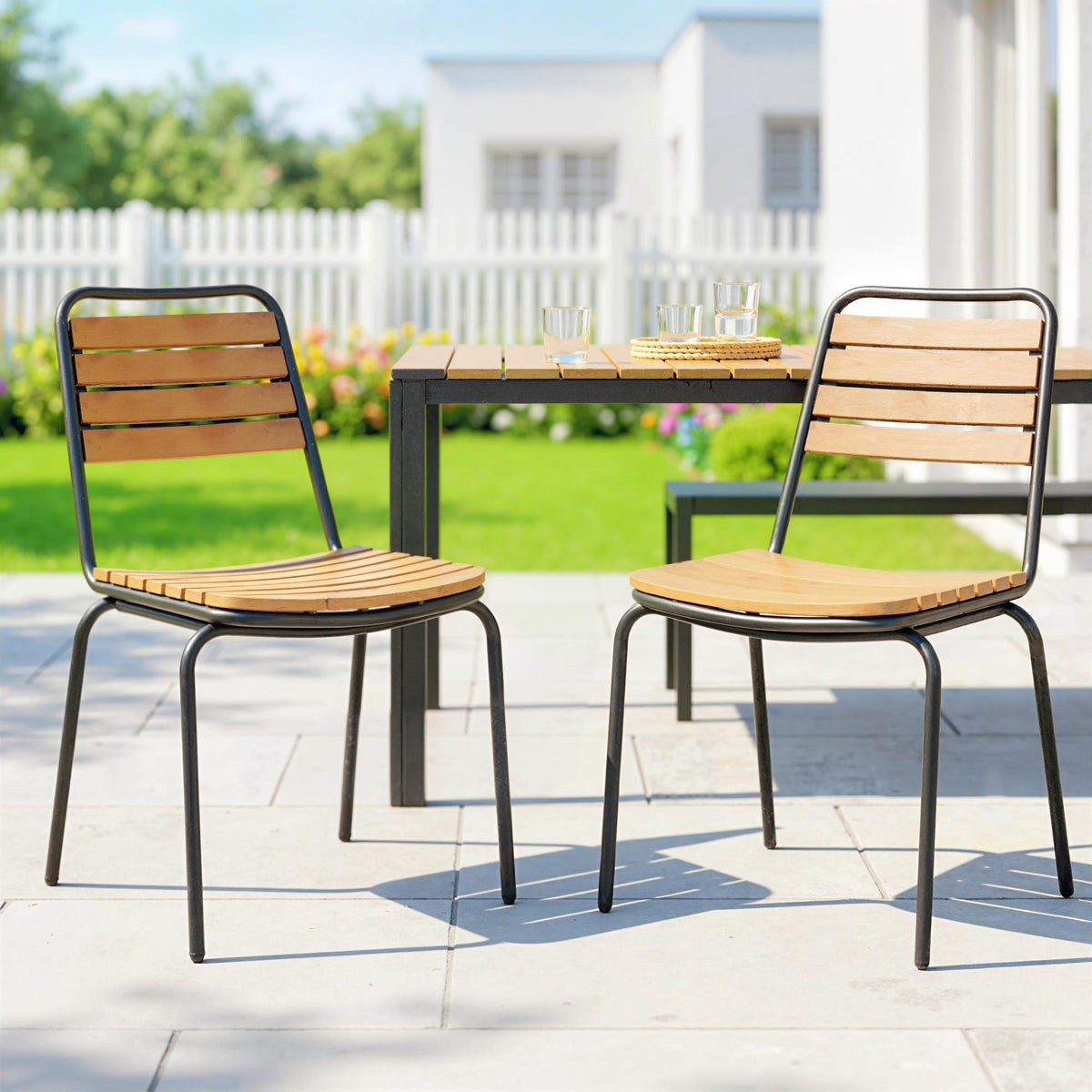 Outsunny Gartenstuhl 2er Set wetterfest Gartenstühle aus Stahl und Holz Stapelstuhl mit Rückenlehne bis – Produktabbildung 2