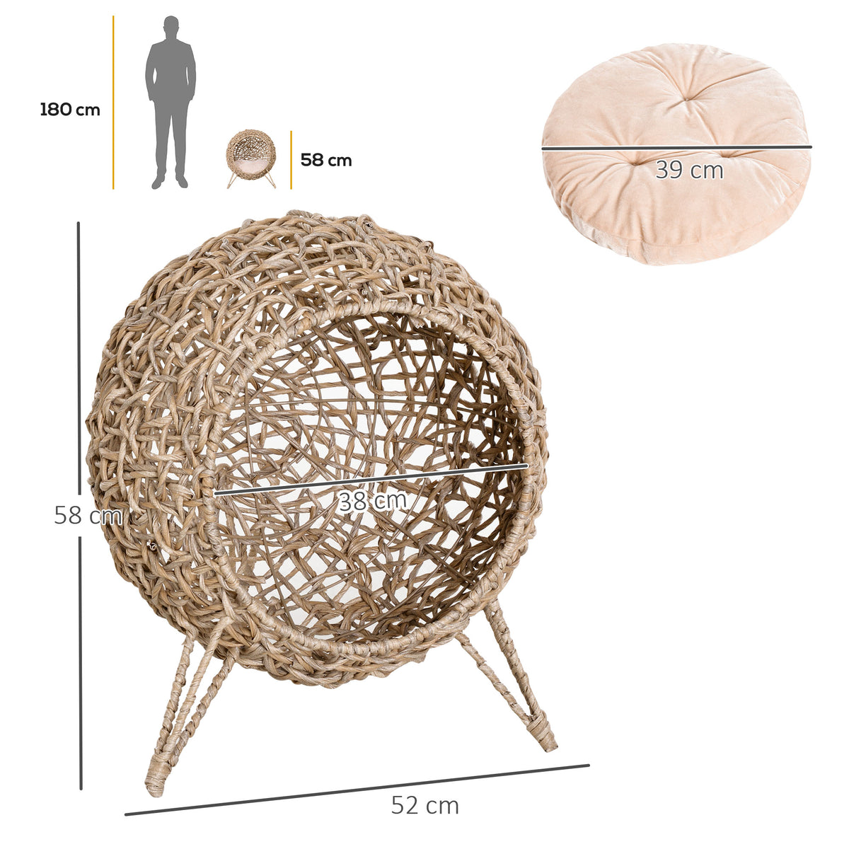 PawHut Katzenhaus aus Rattan mit Kissen Katzenschlafplatz Katzenhöhle mit erhöhten Füßen Natur Ø52 x 58 – Produktabbildung 3