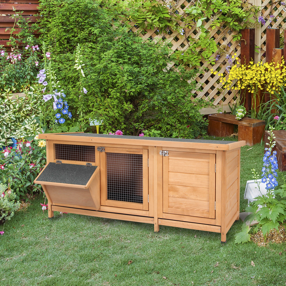 PawHut Hasenstall Winterfest Kaninchenstall aus Holz 112x50x54 cm Kaninchenkäfig mit Bitumendach, 2 – Produktabbildung 2